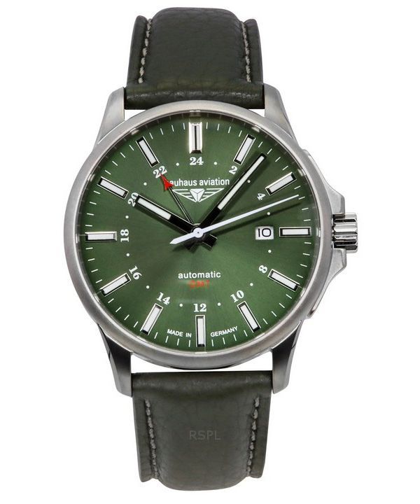 Bauhaus Aviation GMT vihreä nahkaranneke Tummanvihreä kellotaulu automaattinen 28684 100M miesten kello