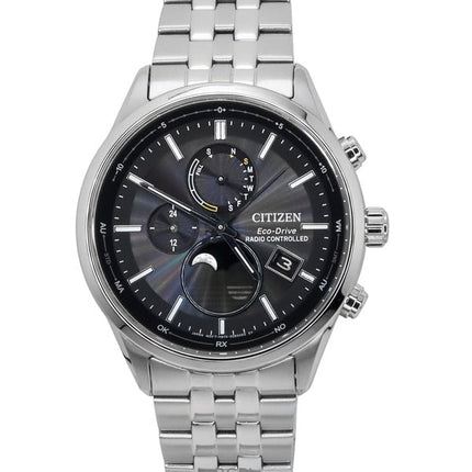 Citizen Eco-Drive Radio-ohjattu Moon Phase ruostumattomasta teräksestä valmistettu musta kellotaulu BY1030-50E 100M miesten kello