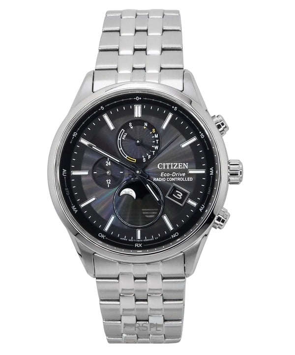 Citizen Eco-Drive Radio-ohjattu Moon Phase ruostumattomasta teräksestä valmistettu musta kellotaulu BY1030-50E 100M miesten kello