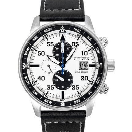 Citizen Eco-Drive Aviator Chronograph -nahkaranneke, valkoinen kellotaulu, CA0880-07A 100M miesten kello