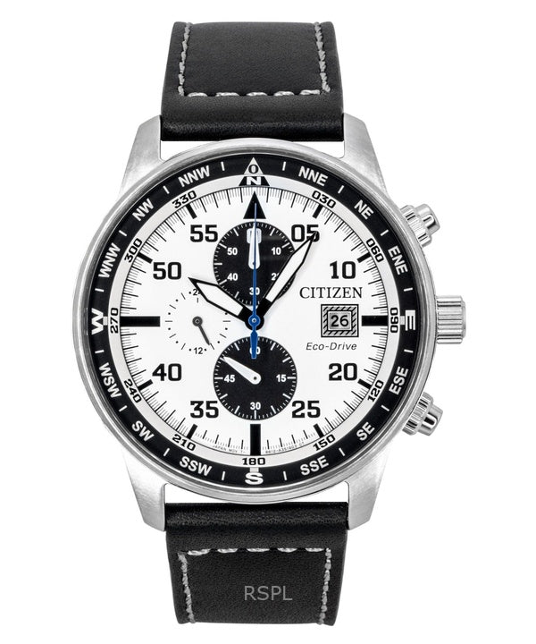 Citizen Eco-Drive Aviator Chronograph -nahkaranneke, valkoinen kellotaulu, CA0880-07A 100M miesten kello