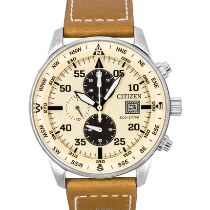 Citizen Eco-Drive Aviator Chronograph -nahkaranneke, beige kellotaulu, CA0880-15X 100M miesten kello