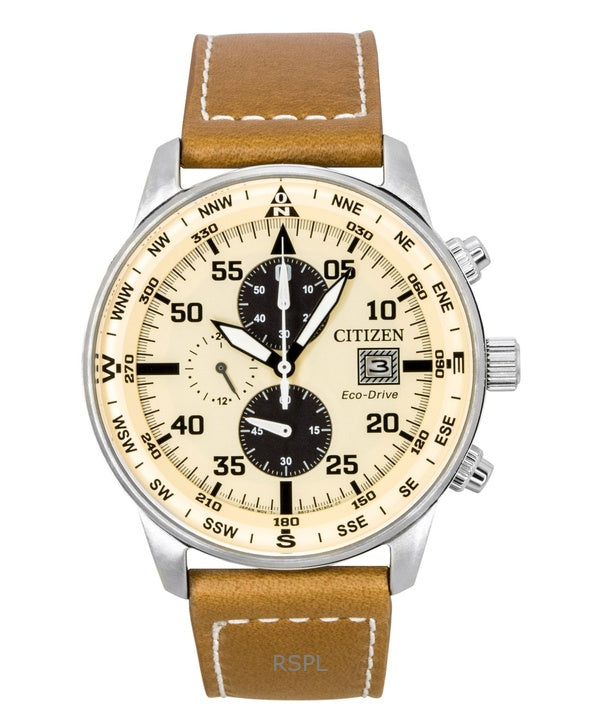 Citizen Eco-Drive Aviator Chronograph -nahkaranneke, beige kellotaulu, CA0880-15X 100M miesten kello