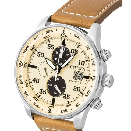 Citizen Eco-Drive Aviator Chronograph -nahkaranneke, beige kellotaulu, CA0880-15X 100M miesten kello
