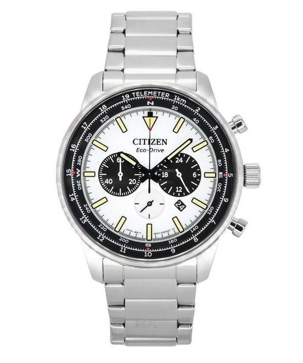 Citizen Eco-Drive Chronograph ruostumattomasta teräksestä valmistettu valkoinen kellotaulu CA4500-91A 100M miesten kello