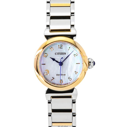 Citizen L&#39;May Bells Mini ruostumattomasta teräksestä valmistettu valkoinen helmiäiskuvioinen Eco-Drive EM1136-87D naisten kello