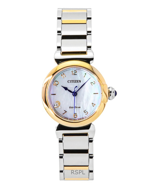 Citizen L&#39;May Bells Mini ruostumattomasta teräksestä valmistettu valkoinen helmiäiskuvioinen Eco-Drive EM1136-87D naisten kello