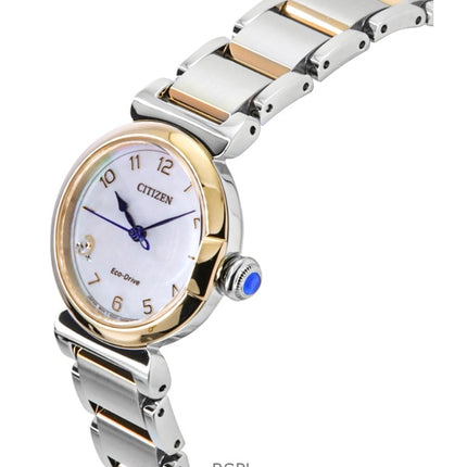 Citizen L&#39;May Bells Mini ruostumattomasta teräksestä valmistettu valkoinen helmiäiskuvioinen Eco-Drive EM1136-87D naisten kello