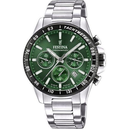 Festina Timeless Chronograph ruostumattomasta teräksestä valmistettu vihreä kellotaulu kvartsi F20560-4 100M miesten kello