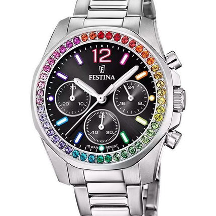 Festina Rainbow Chronograph Crystal Accents ruostumaton teräs musta kellotaulu kvartsi F20606-3 100M naisten kello
