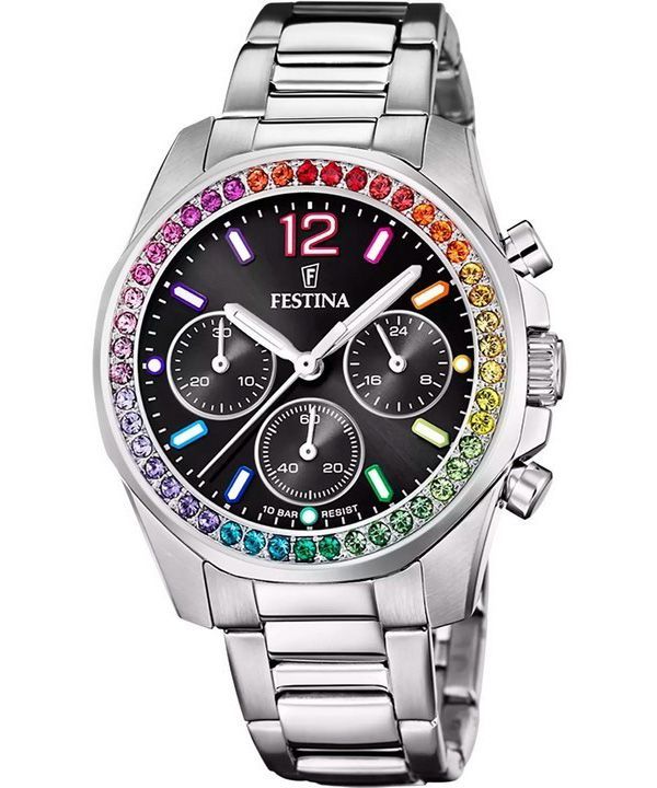 Festina Rainbow Chronograph Crystal Accents ruostumaton teräs musta kellotaulu kvartsi F20606-3 100M naisten kello