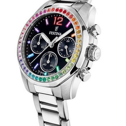 Festina Rainbow Chronograph Crystal Accents ruostumaton teräs musta kellotaulu kvartsi F20606-3 100M naisten kello