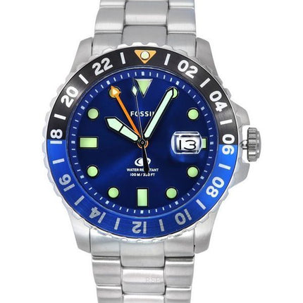 Fossiilisensininen GMT ruostumaton teräs sininen kellotaulu kvartsi FS5991 100M miesten kello