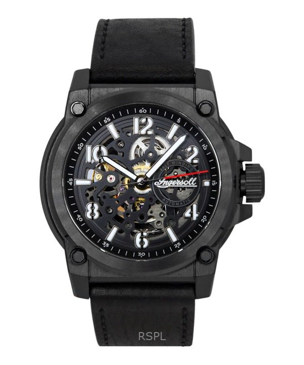 Ingersoll The Anvil -nahkahihnalla, mustalla luurankokellotaululla, automaattinen I16602 miesten kello