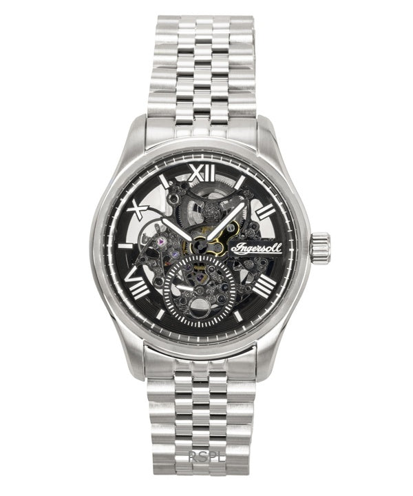 Ingersoll Maverick ruostumattomasta teräksestä valmistettu musta luurankokellotaulu, automaattinen I17403 miesten kello