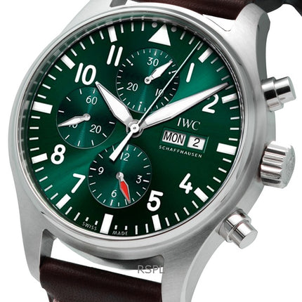 IWC Pilots Chronograph -nahkahihnan vihreä soittaa -automaattinen IW378005 100M miesten kello