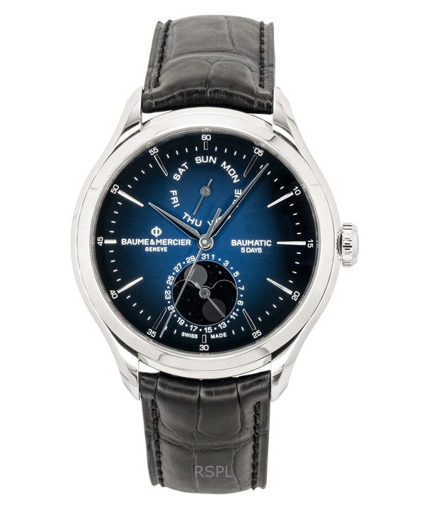 Baume &amp; Mercier Clifton nahkaranneke, kuunvaiheen sininen kellotaulu, automaattinen M0A10593 miesten kello