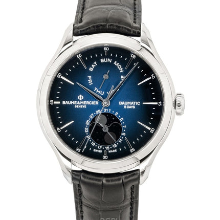 Baume &amp; Mercier Clifton nahkaranneke, kuunvaiheen sininen kellotaulu, automaattinen M0A10593 miesten kello