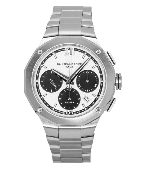 Baume &amp; Mercier Riviera Chronograph ruostumattomasta teräksestä valmistettu valkoinen kellotaulu automaattinen M0A10827 100M miesten kello