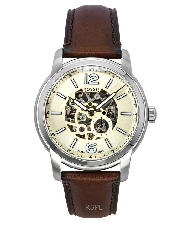 Fossil Heritage -ruskea nahkaranneke, kermanvärinen luurankotaulu, automaattinen ME3264 miesten kello