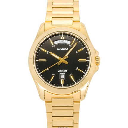 Casio Standard Analog Gold Tone Ruostumattomasta Teräksestä Musta Kellotaulu Quartz MTP-1370G-1AV Miesten Kello