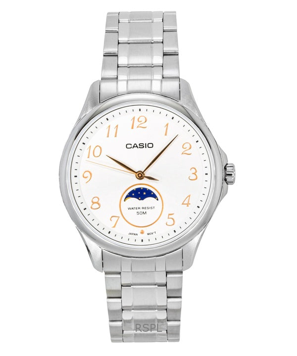 Casio Standard Analog Moon Phase ruostumattomasta teräksestä valmistettu valkoinen kellotaulu kvartsi MTP-M110D-7AV miesten kello