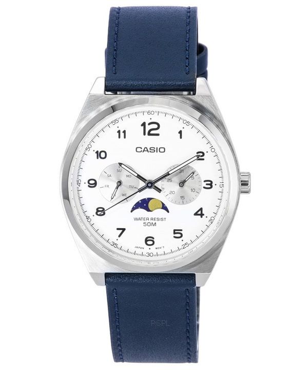 Casio Standard Analog Moon Phase valkoinen kellotaulu nahkaranneke kvartsi MTP-M300L-7A MTPM300L-7 miesten kello