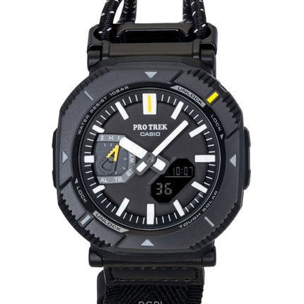 Casio Pro Trek analoginen digitaalinen älypuhelinlinkki kangasrannekkeella, musta kellotaulu, aurinkokello PRJ-B001B-1 100M miesten kello