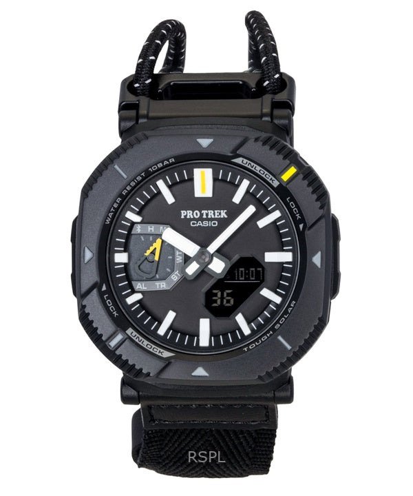 Casio Pro Trek analoginen digitaalinen älypuhelinlinkki kangasrannekkeella, musta kellotaulu, aurinkokello PRJ-B001B-1 100M miesten kello