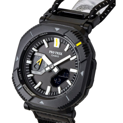 Casio Pro Trek analoginen digitaalinen älypuhelinlinkki kangasrannekkeella, musta kellotaulu, aurinkokello PRJ-B001B-1 100M miesten kello