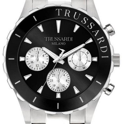 Trussardi T-Logo musta kellotaulu ruostumattomasta teräksestä kvartsi R2453143004 100M miesten kello