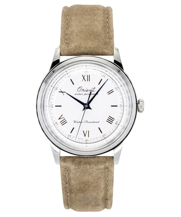 Orient Bambino 75-vuotisjuhlamallin rajoitetun erän valkoinen kellotaulu aurinkokennolla varustettu RA-WK0006S miesten kello lisärannekkeella