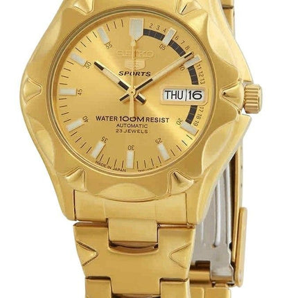 Kunnostettu Seiko 5 Sports -kullanvärinen ruostumattomasta teräksestä valmistettu kultainen kellotaulu, automaattinen SNZ450J1 100M miesten kello