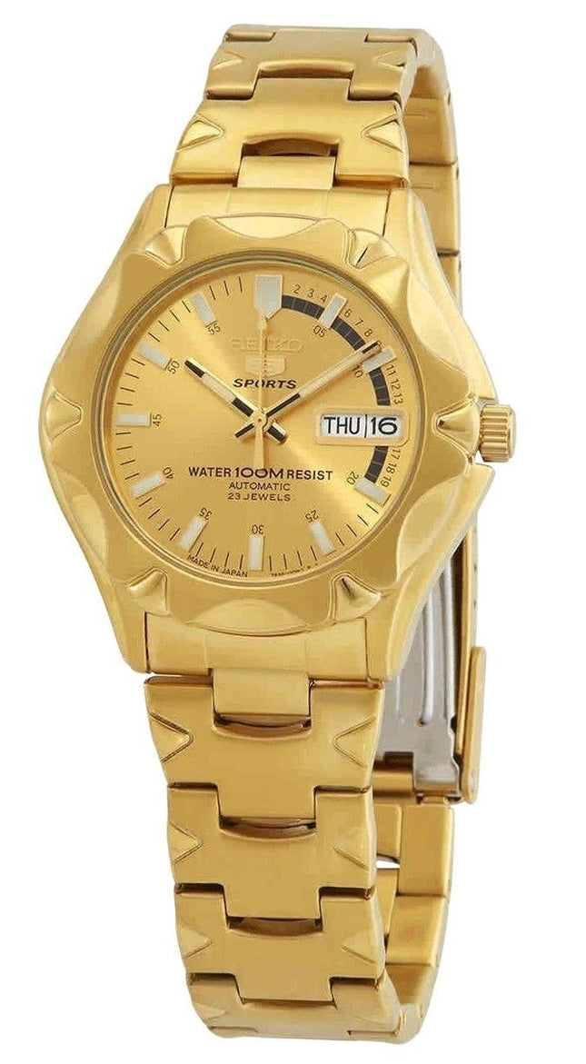 Kunnostettu Seiko 5 Sports -kullanvärinen ruostumattomasta teräksestä valmistettu kultainen kellotaulu, automaattinen SNZ450J1 100M miesten kello