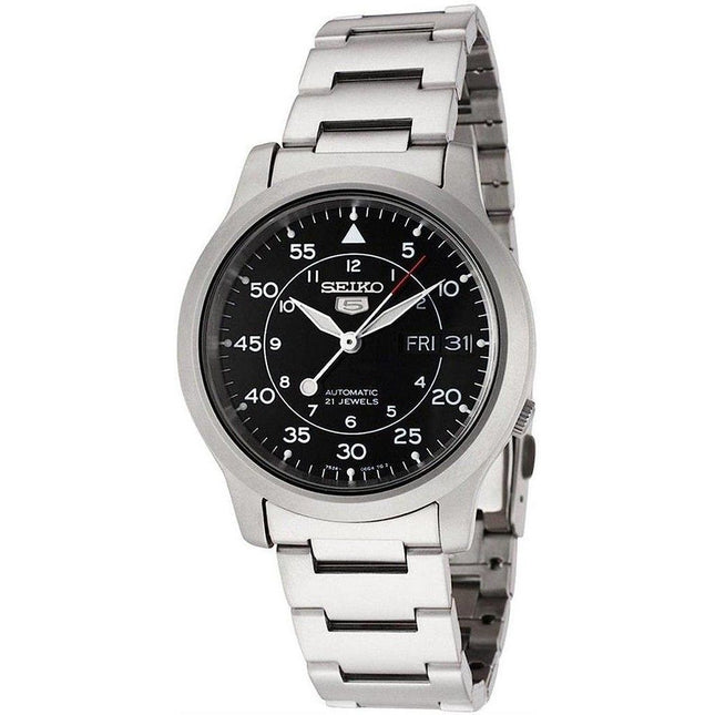 Kunnostettu Seiko 5 mustalla taululla varustettu automaattinen 21 jalokiven SNK809K1 miesten kello