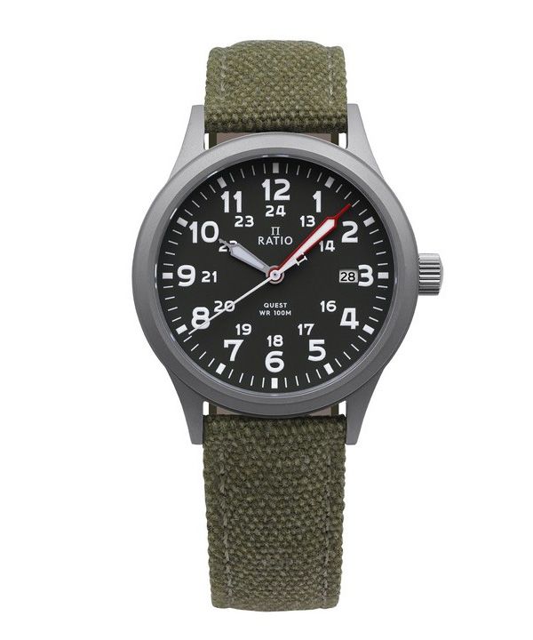 Ratio Quest Miesten kenttäkello Sapphire Canvas Ranneke Khaki Vihreä Kellotaulu Quartz RTQ029 100M Lewis &amp, Clark Edition