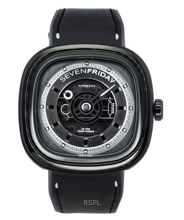 Sevenfriday T-sarjan NFC-yhteensopiva nahkahihna, musta luurankokellotaulu, automaattinen T1/04 SF-T1-04 miesten kello