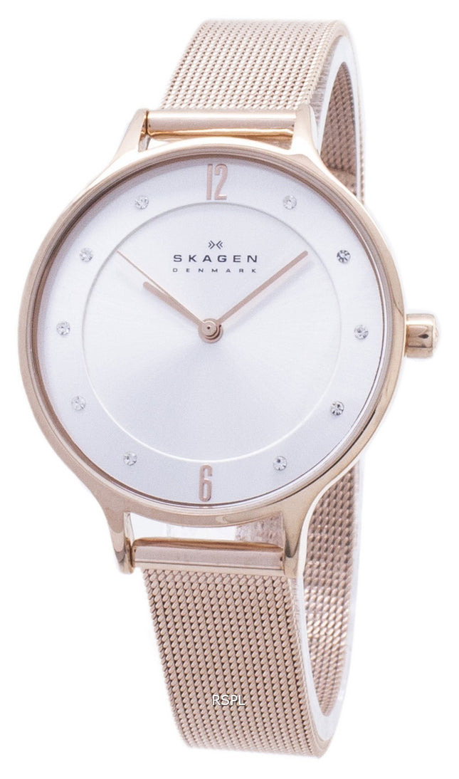 Skagen Anita hopeinen Kelloaulu Crystal Rose kulta-Tone Mesh rannekoru SKW2151 naisten kello