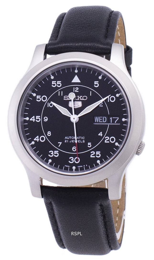Seiko 5 sotilaallisen SNK809K2 SS3 automaattinen musta nahka hihna Miesten kello