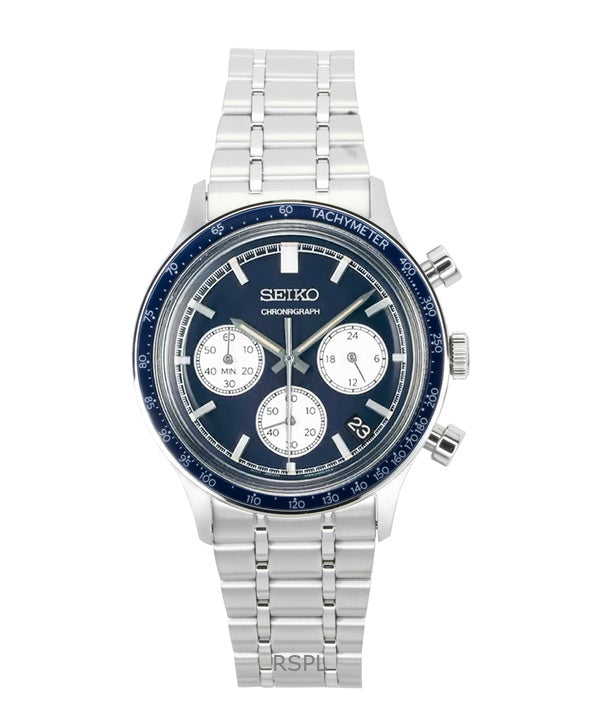 Seiko Chronograph ruostumattomasta teräksestä valmistettu sininen kellotaulu kvartsi SSB477P1 miesten kello