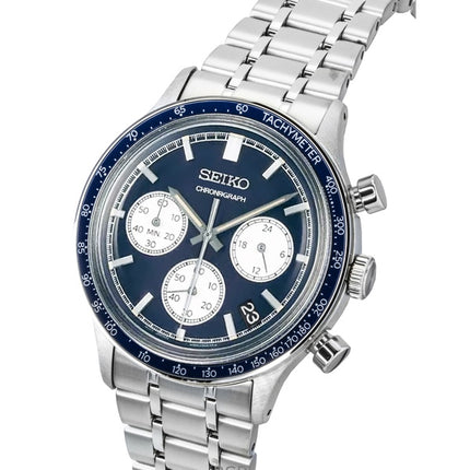 Seiko Chronograph ruostumattomasta teräksestä valmistettu sininen kellotaulu kvartsi SSB477P1 miesten kello