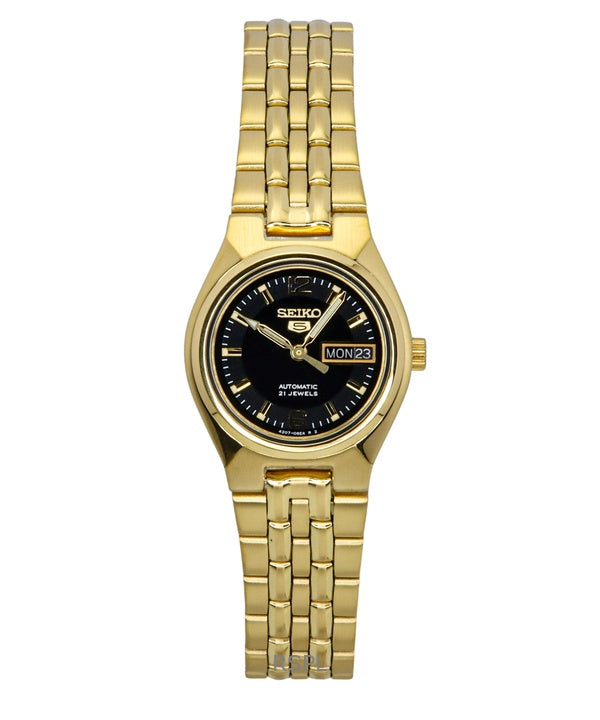 Seiko 5 kultasävyinen ruostumattomasta teräksestä valmistettu musta kellotaulu automaattinen SYMK38K1 naisten kello