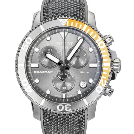 Tissot Seastar 1000 Chronograph -kangasranneke, musta kellotaulu, kvartsi, sukeltajan ranneke, T120.417.17.081.01, 300M, miesten kello