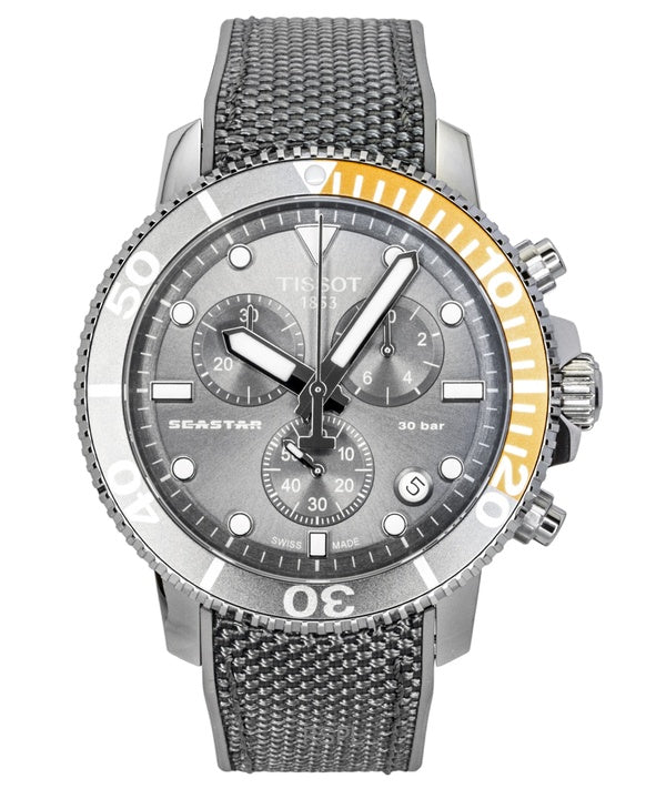 Tissot Seastar 1000 Chronograph -kangasranneke, musta kellotaulu, kvartsi, sukeltajan ranneke, T120.417.17.081.01, 300M, miesten kello