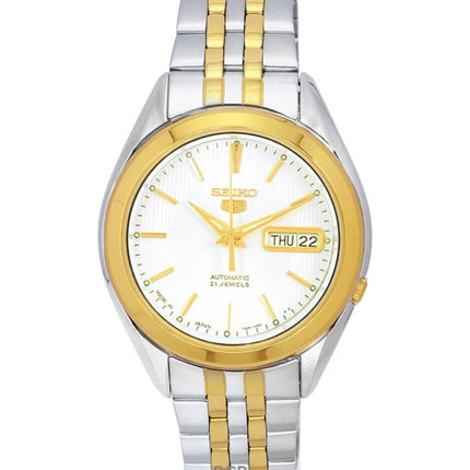 Kunnostettu Seiko 5 kaksisävyinen ruostumattomasta teräksestä valmistettu valkoinen kellotaulu SNKL24J1 miesten kello