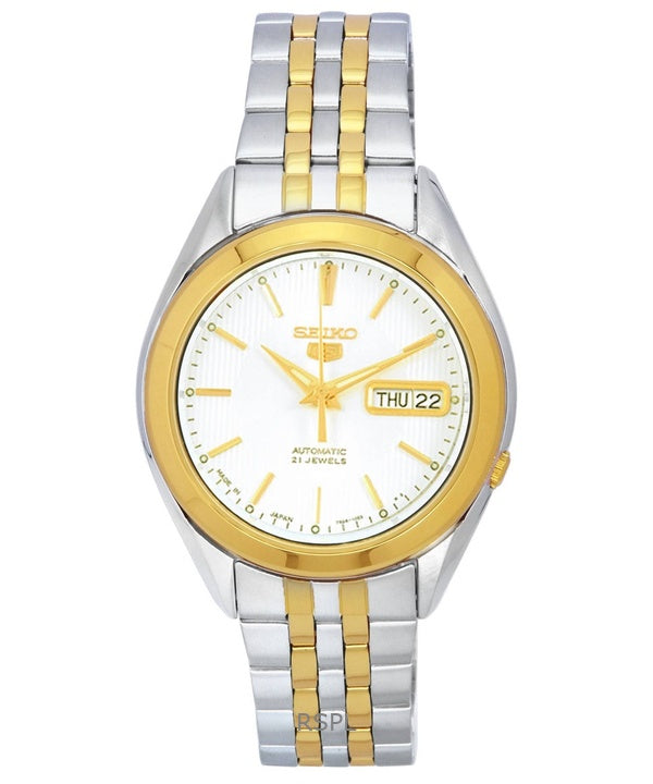 Kunnostettu Seiko 5 kaksisävyinen ruostumattomasta teräksestä valmistettu valkoinen kellotaulu SNKL24J1 miesten kello