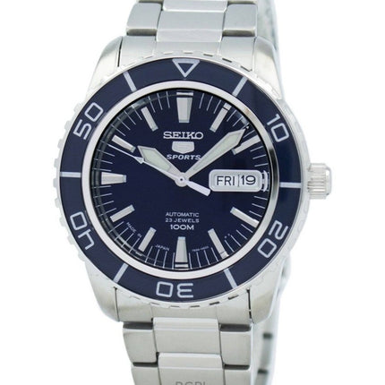 Kunnostettu Seiko 5 Sports ruostumattomasta teräksestä valmistettu sininen kellotaulu automaattinen SNZH53J1 100M miesten kello