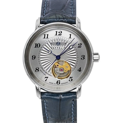 Zeppelin Friedrichshafen nahkaranneke, avosydän, hopeinen kellotaulu, automaattinen 85671, miesten kello