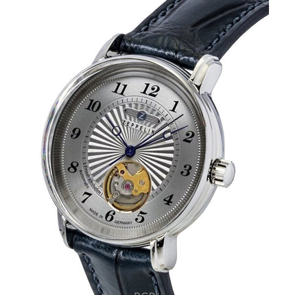 Zeppelin Friedrichshafen nahkaranneke, avosydän, hopeinen kellotaulu, automaattinen 85671, miesten kello