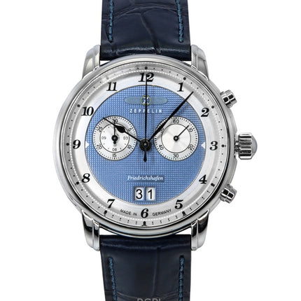 Zeppelin Friedrichshafen Chronograph nahkahihna sininen kellotaulu kvartsi 85843 miesten kello